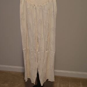 Elegant White Embroidered Wide Leg Pants